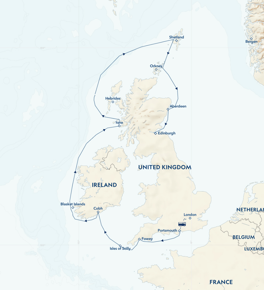 Route map of Ancient Isles: England, Ireland & Scotland cruise northbound from London to Edinburgh with visits along all 3 countries.