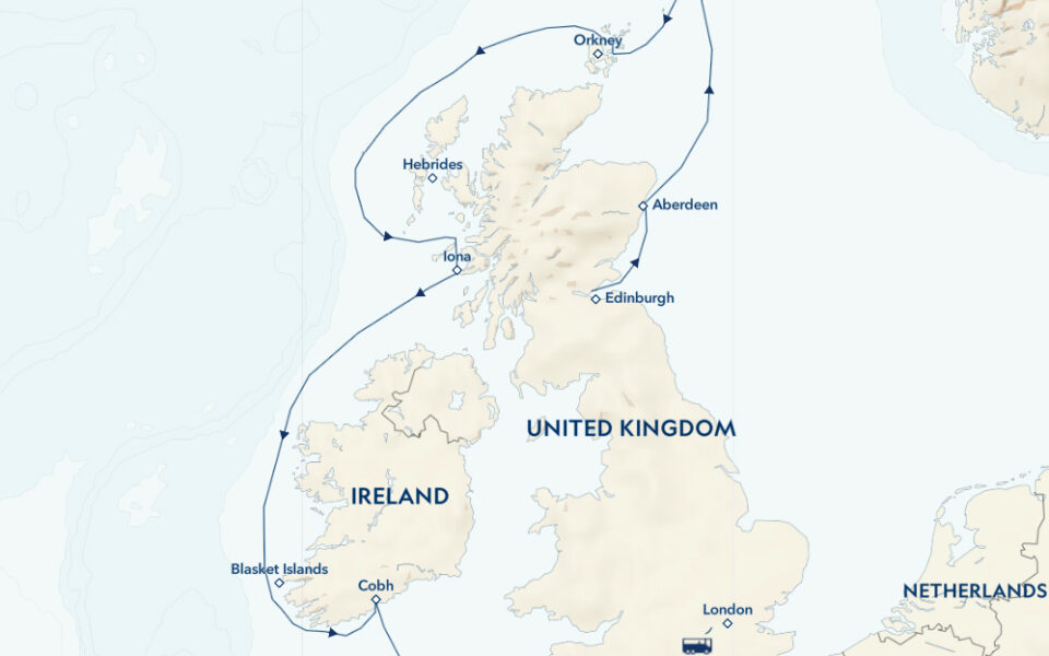 Route map of Ancient Isles: England, Ireland & Scotland cruise southbound from Edinburgh to London with visits along all 3 countries.