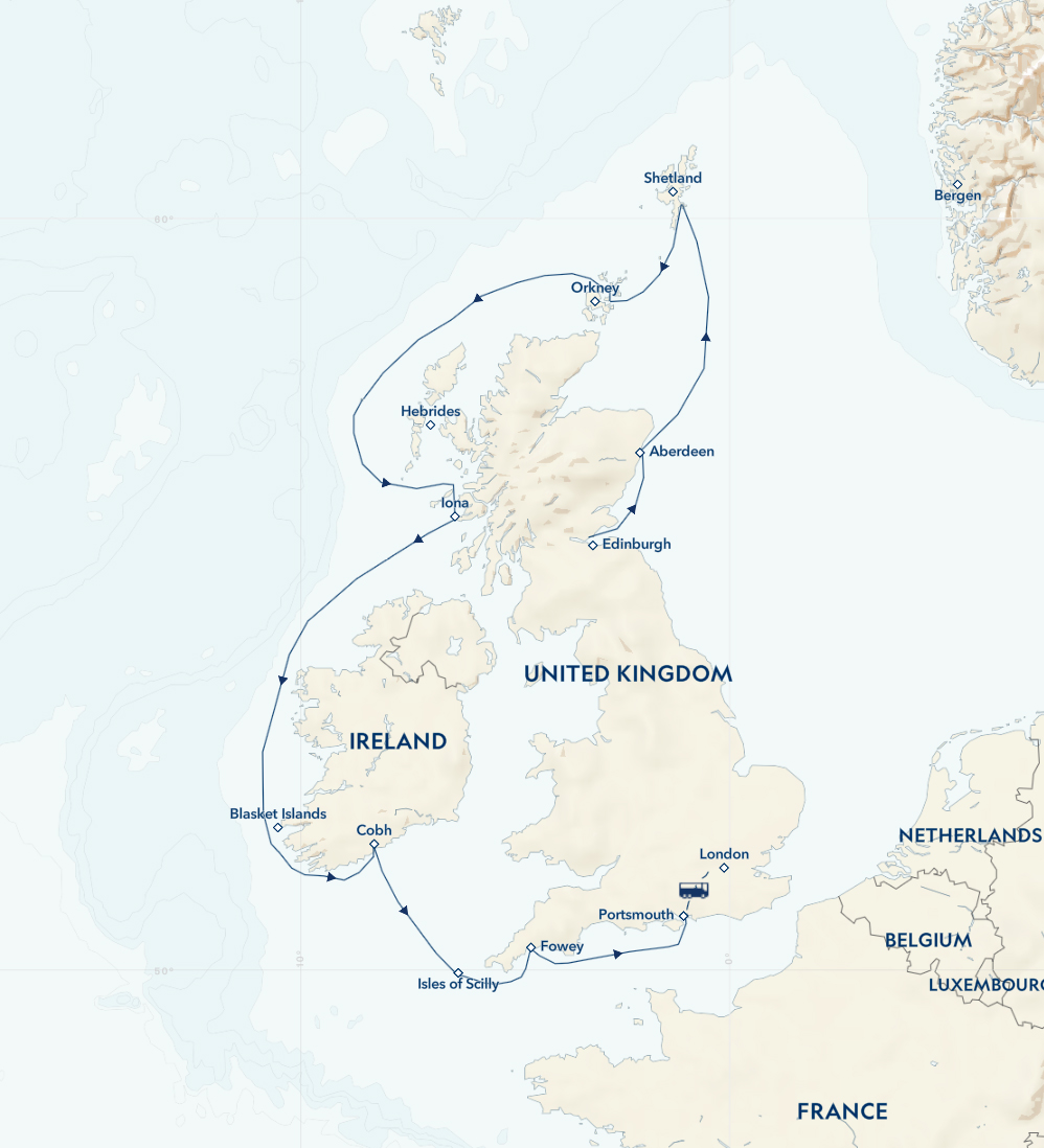 Route map of Ancient Isles: England, Ireland & Scotland cruise southbound from Edinburgh to London with visits along all 3 countries.