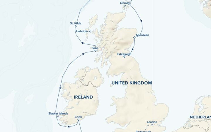Route map of Ancient Isles: England, Ireland & Scotland cruise northbound from London to Edinburgh with visits along all 3 countries.