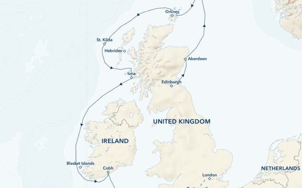 Route map of Ancient Isles: England, Ireland & Scotland cruise southbound from Edinburgh to London with visits along all 3 countries.