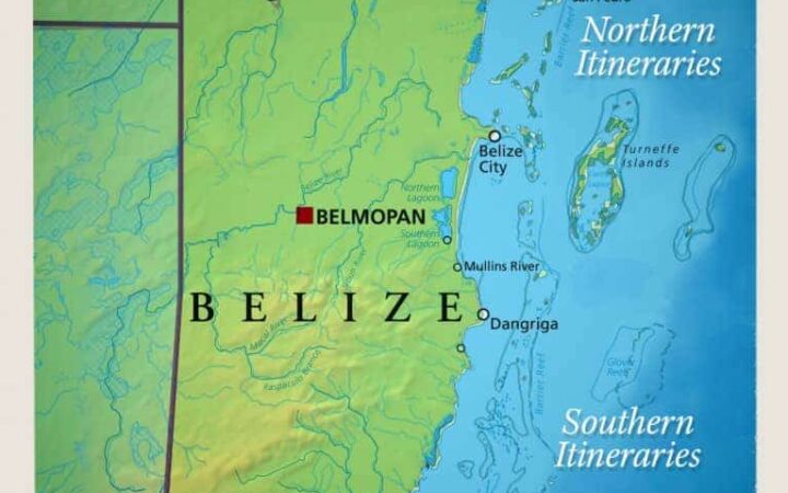 Route map of 10-day Southern & 7-day Northern sample itineraries for Belize Sailing Adventure, along the Belize Barrier Reef & coastline.
