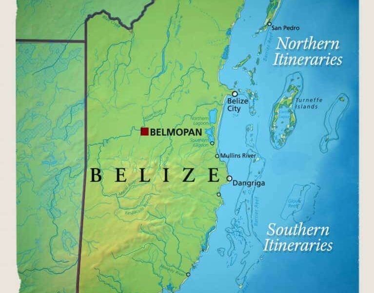 Route map of 10-day Southern & 7-day Northern sample itineraries for Belize Sailing Adventure, along the Belize Barrier Reef & coastline.