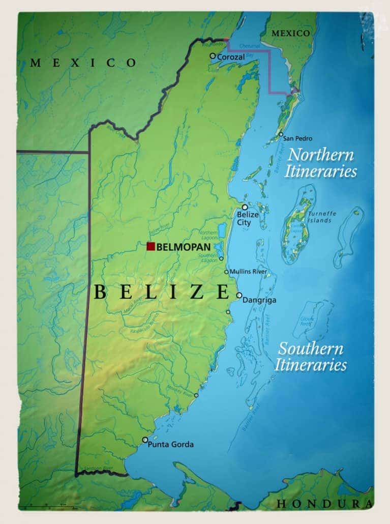 Route map of 10-day Southern & 7-day Northern sample itineraries for Belize Sailing Adventure, along the Belize Barrier Reef & coastline.