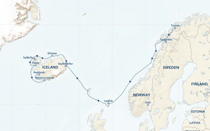 Route map of Coastal Wonders of Norway, The Faroe Islands & Iceland cruise from Tromso, Norway, to Reykjavik, Iceland.