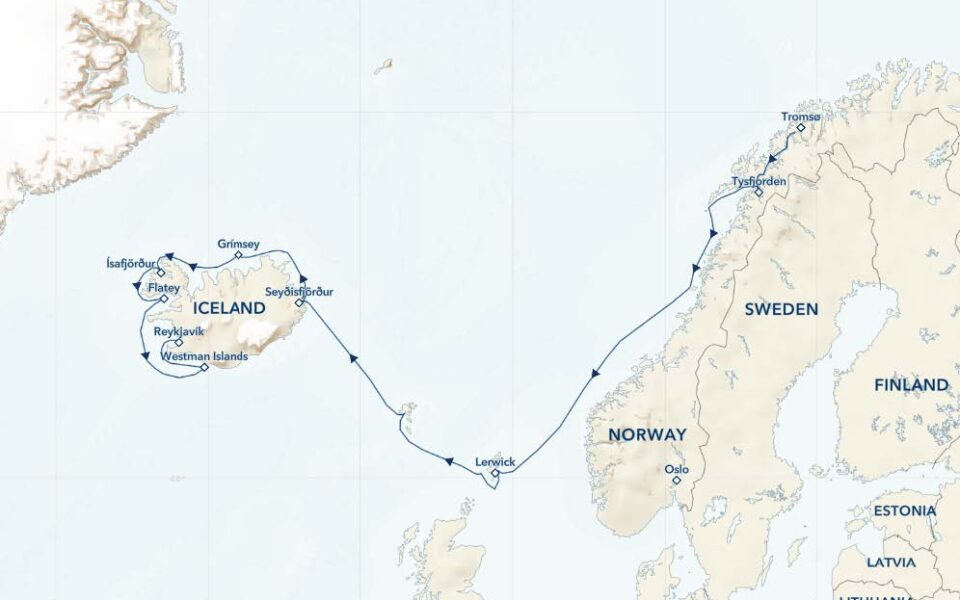 Route map of Coastal Wonders of Norway, The Faroe Islands & Iceland cruise from Tromso, Norway, to Reykjavik, Iceland.
