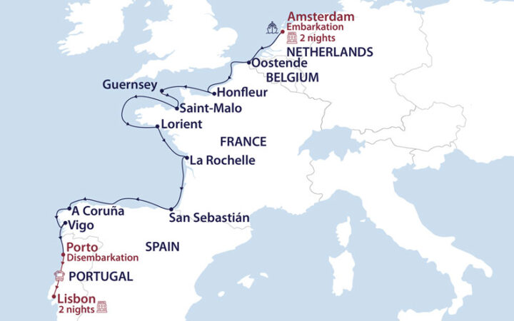 Route map of Amsterdam to Lisbon: Coasting the Atlantic cruise along the Netherlands, Belgium, France, Spain & Portugal.