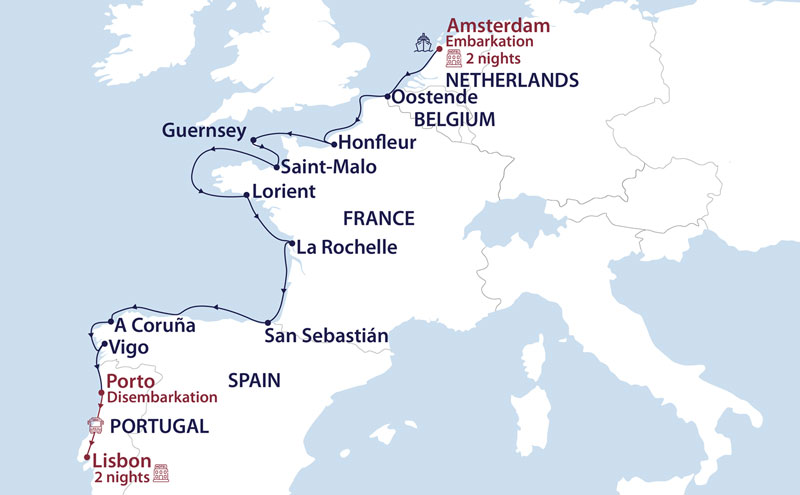 Route map of Amsterdam to Lisbon: Coasting the Atlantic cruise along the Netherlands, Belgium, France, Spain & Portugal.