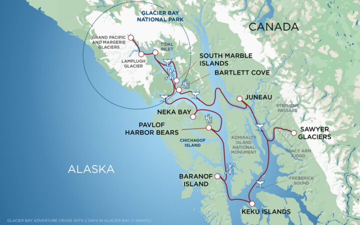 A red line on a green and blue map of the coastline of Alaska showing the route map of the Glacier Bay National Park Adventure Cruise, roundtrip from Juneau