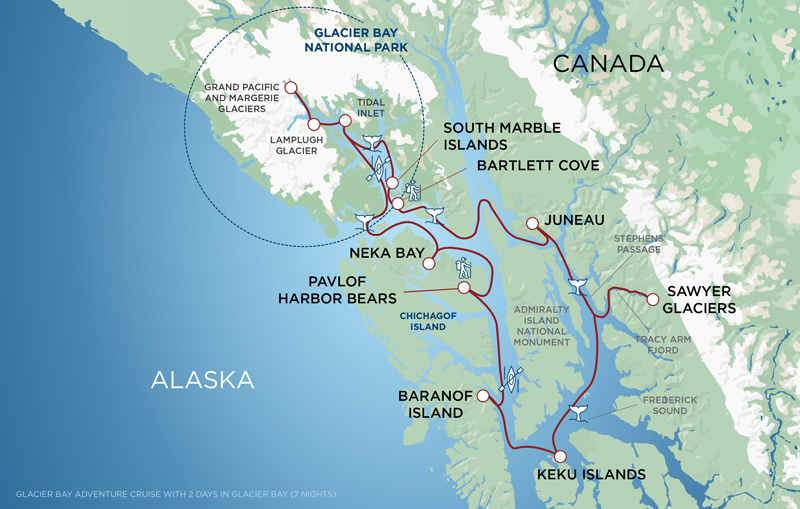 A red line on a green and blue map of the coastline of Alaska showing the route map of the Glacier Bay National Park Adventure Cruise, roundtrip from Juneau