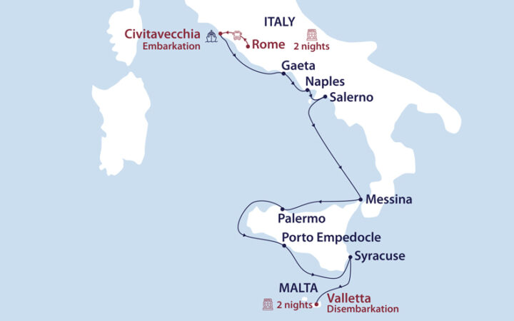 Route map of the Godfather small ship cruise along Italy's Amalfi Coast & Sicily, embarking in Civitavecchia & ending in Valletta, Malta.