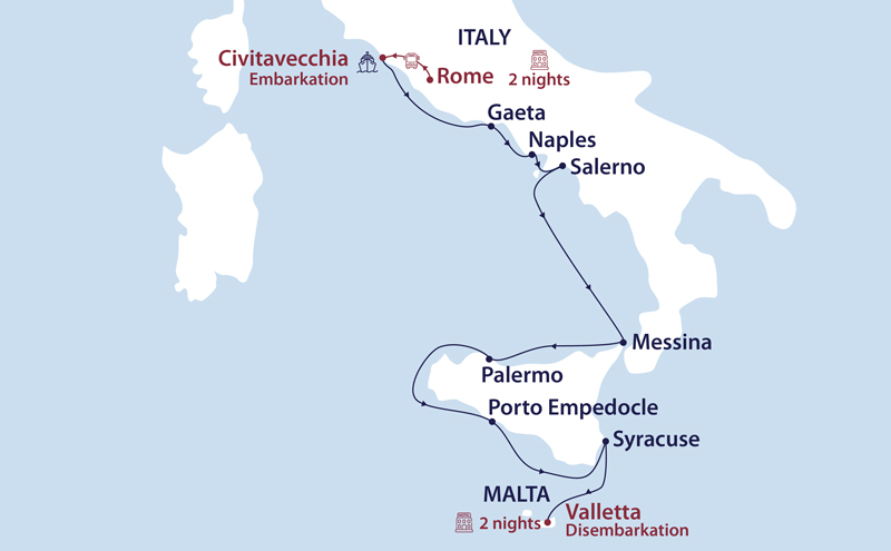 Route map of the Godfather small ship cruise along Italy's Amalfi Coast & Sicily, embarking in Civitavecchia & ending in Valletta, Malta.