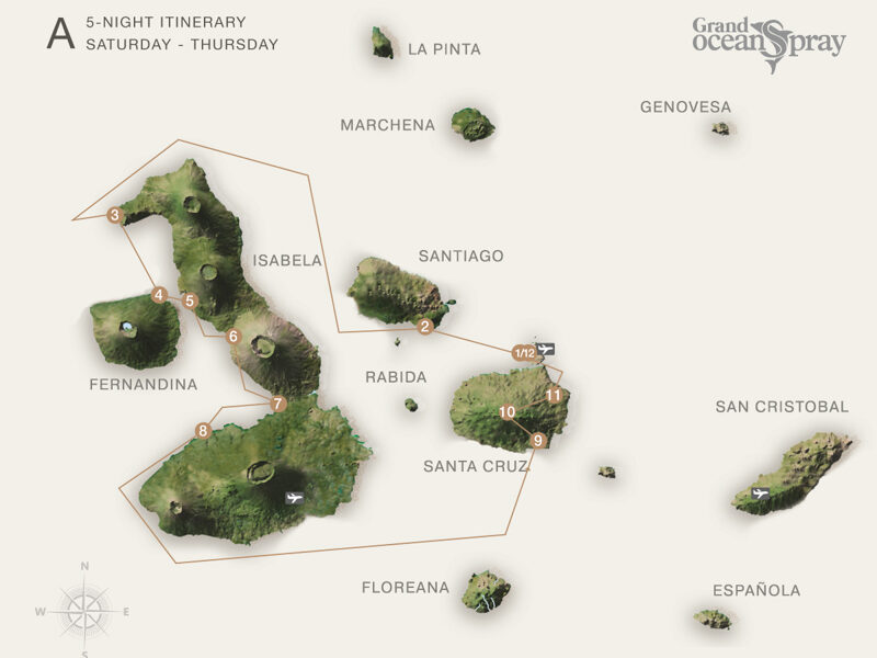 Route map of Grand Ocean Spray 6-day West cruise, round-trip from Baltra with visits to Chinese Hat, Isabela, Fernandina, Santa Cruz & South Plaza.