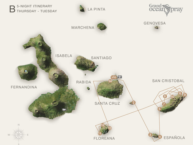 Route map of Grand Ocean Spray 6-day South cruise, round-trip from Baltra with visits to Santa Fe, Espanola, San Cristobal and Floreana.