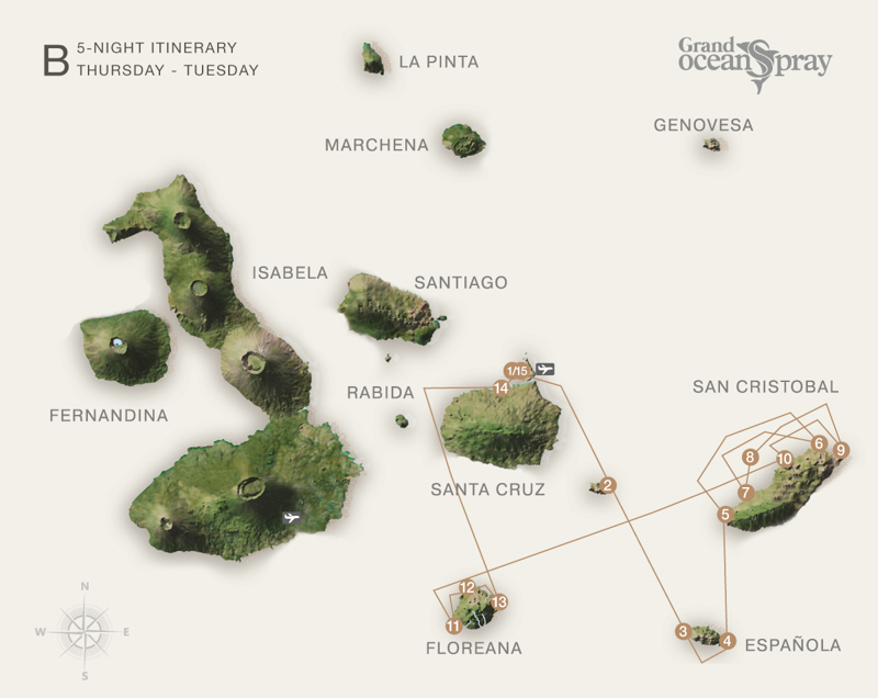 Route map of Grand Ocean Spray 6-day South cruise, round-trip from Baltra with visits to Santa Fe, Espanola, San Cristobal and Floreana.