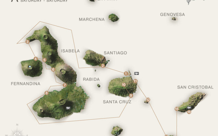 Route map of Grand Ocean Spray 8-day West cruise from San Cristobal to Baltra, with visits to Chinese Hat, Isabela, Fernandina, Santa Cruz, South Plaza, Santa Fe & Espanola.