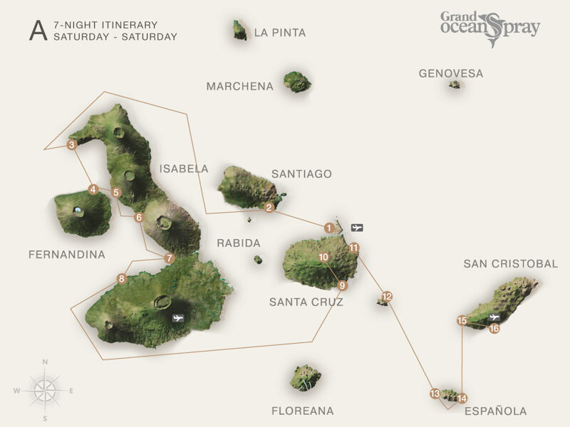 Route map of Grand Ocean Spray 8-day West cruise from San Cristobal to Baltra, with visits to Chinese Hat, Isabela, Fernandina, Santa Cruz, South Plaza, Santa Fe & Espanola.