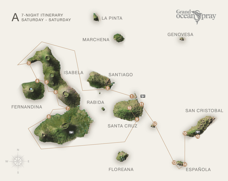 Route map of Grand Ocean Spray 8-day West cruise from San Cristobal to Baltra, with visits to Chinese Hat, Isabela, Fernandina, Santa Cruz, South Plaza, Santa Fe & Espanola.