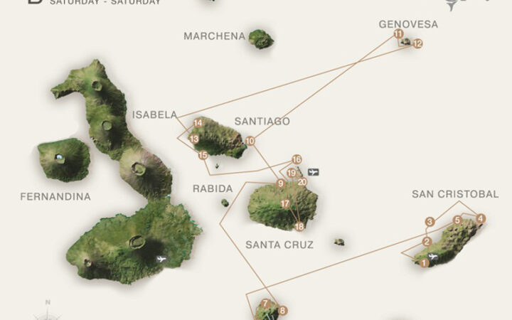 Route map of Grand Ocean Spray 8-day West cruise from San Cristobal to Baltra with visits to Floreana, Santa Cruz, Bartolome, Genovesa, Santiago, North Seymour & Mosquera Islet.