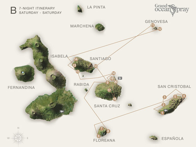Route map of Grand Ocean Spray 8-day West cruise from San Cristobal to Baltra with visits to Floreana, Santa Cruz, Bartolome, Genovesa, Santiago, North Seymour & Mosquera Islet.
