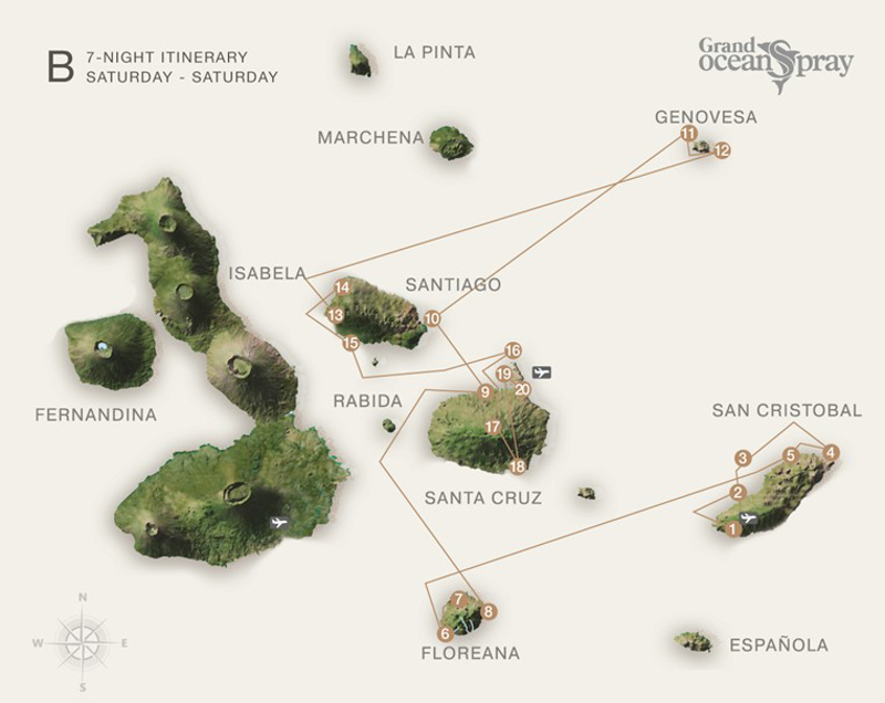 Route map of Grand Ocean Spray 8-day West cruise from San Cristobal to Baltra with visits to Floreana, Santa Cruz, Bartolome, Genovesa, Santiago, North Seymour & Mosquera Islet.