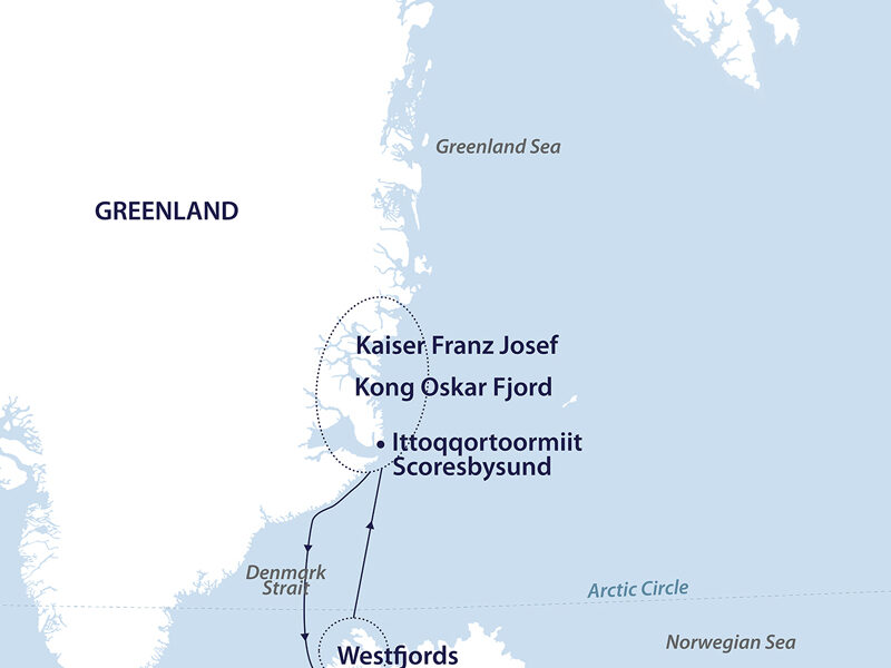 Route map of Iceland & East Greenland 11-day cruise round-trip from Reykjavik.