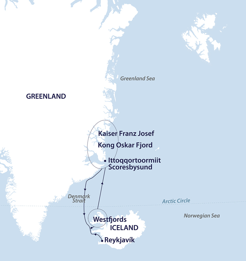 Route map of Iceland & East Greenland 11-day cruise round-trip from Reykjavik.