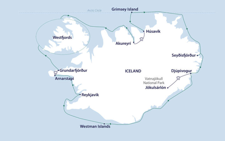 A map showing the entirely of Iceland with the path of the Iceland circumnavigation cruise shown sailing along the coastline.