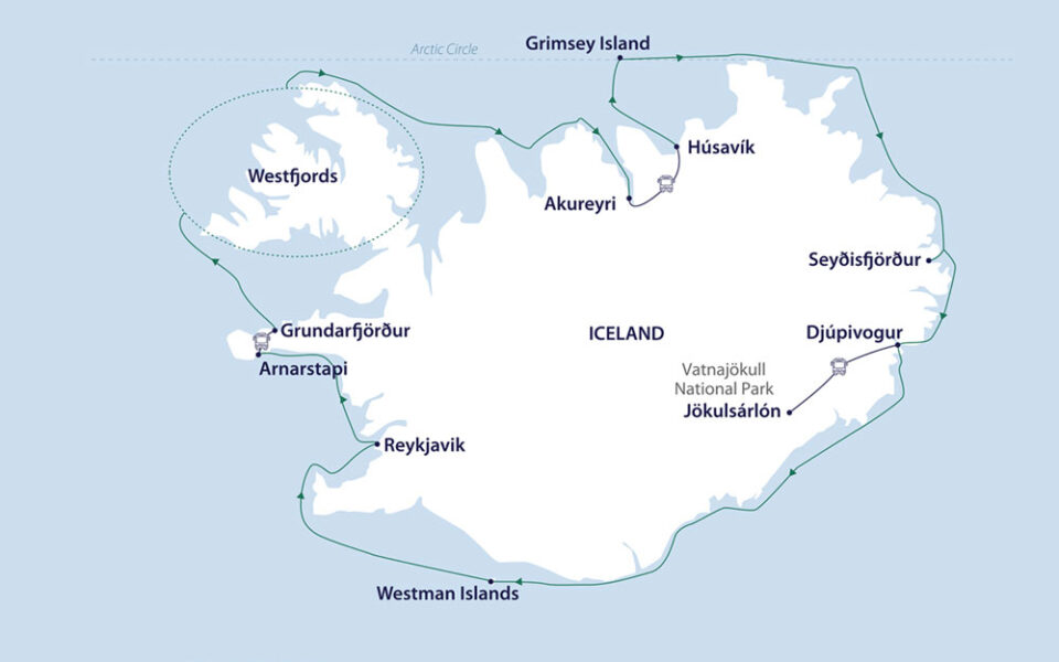 A map showing the entirely of Iceland with the path of the Iceland circumnavigation cruise shown sailing along the coastline.