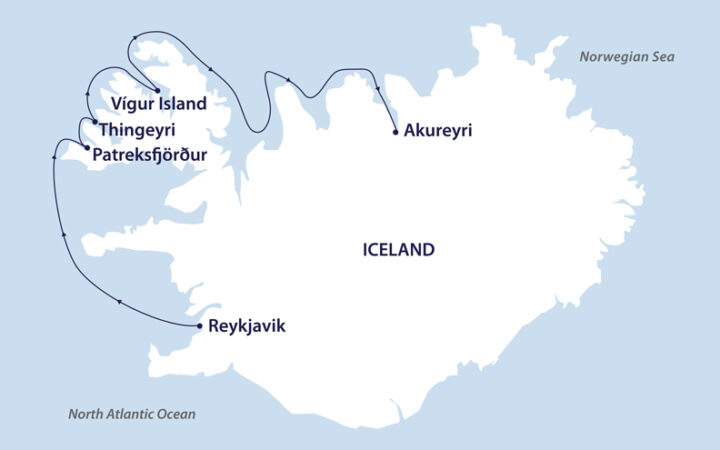 Route map of 7-day Iceland's Westfjords & North Coast cruise from Reykjavik to Akureyri.