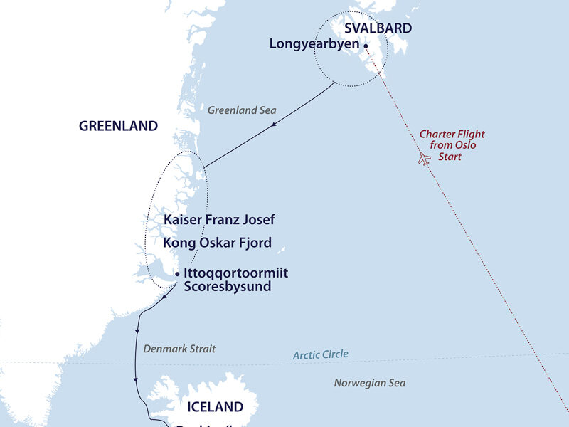 Route map of Jewels of the Arctic - Greenland Solar Eclipse cruise from Svalbard to Reykjavik & east Greenland, starting with a flight from Oslo.