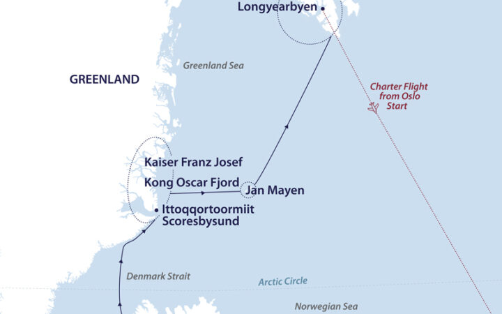 Route map of northbound Jewels of the Arctic cruise from Reykjavik to Svalbard via east Greenland & Jan Mayen, ending with a flight to Oslo.