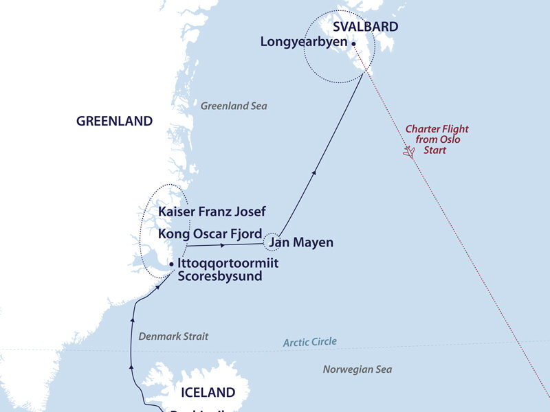 Route map of northbound Jewels of the Arctic cruise from Reykjavik to Svalbard via east Greenland & Jan Mayen, ending with a flight to Oslo.