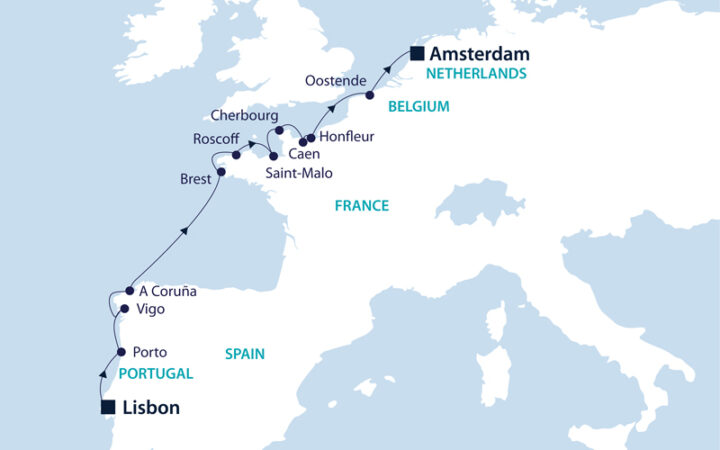 Route map of Lisbon to Amsterdam: Coasting the Atlantic cruise along the Netherlands, Belgium, France, Spain & Portugal.