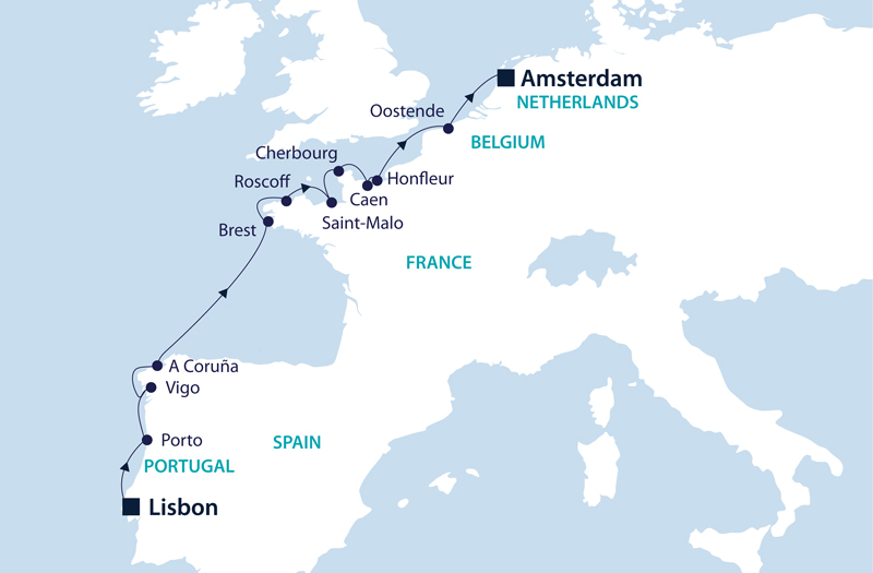 Route map of Lisbon to Amsterdam: Coasting the Atlantic cruise along the Netherlands, Belgium, France, Spain & Portugal.