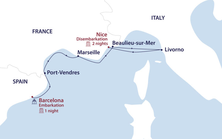 Route map of A Mediterranean Canvas: Barcelona to Nice Cruise with stops along the Spanish & French rivieras plus Tuscany, Italy.
