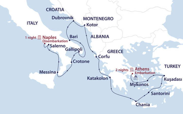Route map of Myths of the Mediterranean: Athens to Naples cruise with visits along Greece, Turkey, Montenegro, Croatia & Italy.