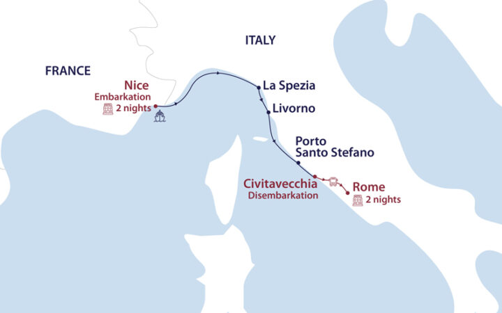 Route map of La Dolce Vita Nice to Rome cruise, with visits in Cinque Terre & hotel overnights to start and end the trip.
