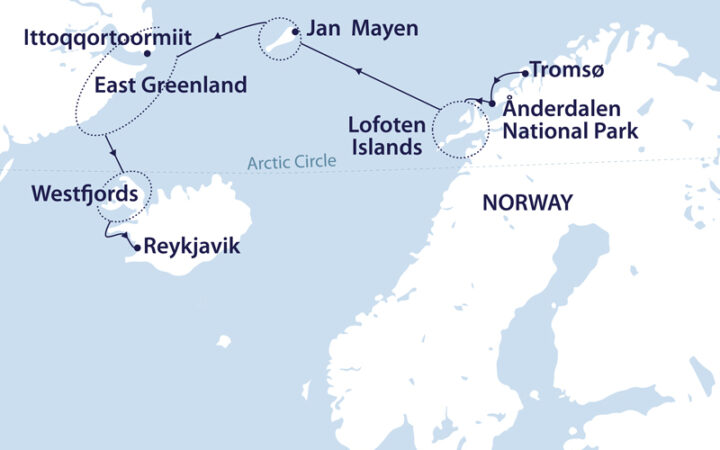 A map showing the cruise route of a Northern Lights itinerary sailing in Norway, Iceland, Jan Mayen & Greenland.