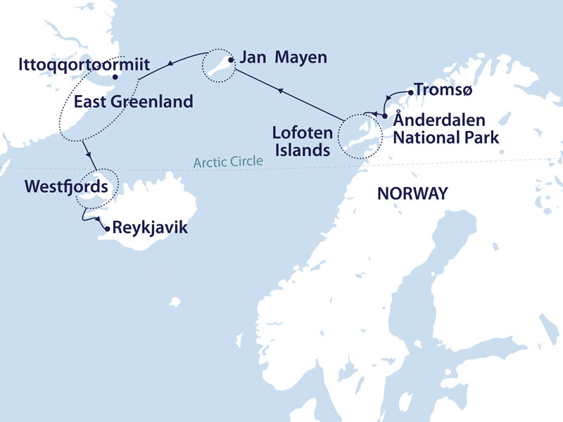 A map showing the cruise route of a Northern Lights itinerary sailing in Norway, Iceland, Jan Mayen & Greenland.