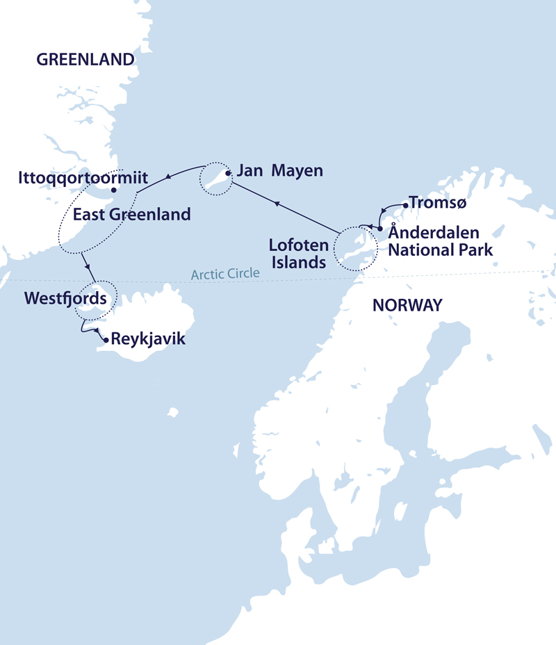 A map showing the cruise route of a Northern Lights itinerary sailing in Norway, Iceland, Jan Mayen & Greenland.