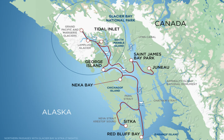 A red line on a green and blue map of Southeast Alaska showing the route of the Northern Passages and Glacier Bay cruise between Sitka and Juneau