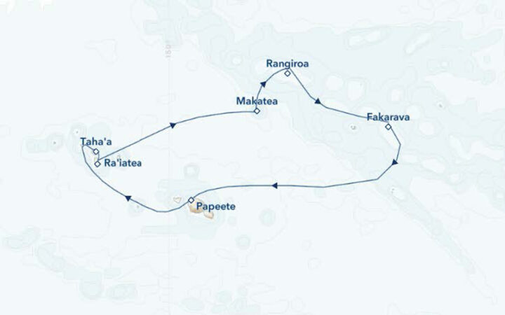 Small ship cruise route through the turamotu islands showing the route in blue