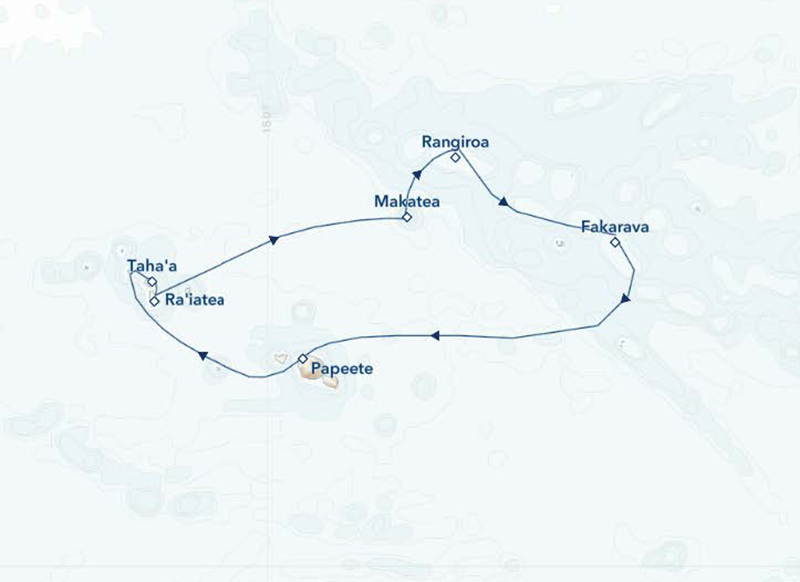 Small ship cruise route through the turamotu islands showing the route in blue
