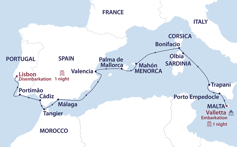 Route map of Sailing the Med: A Mediterranean Feast cruise from Valletta, Malta to Lisbon, Portugal with visits along Italy, Sardinia, Corsica, Spain and Morocco.