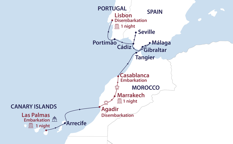 Route map of small cruise ship route from Canary Islands to Lisbon, Portugal with stops along the way, shown in white, blue & red.