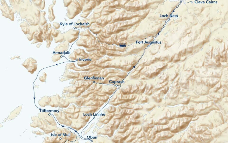 route map of eastbound small ship cruise scottlands highlands small ship cruise with stops shown in blue along the way