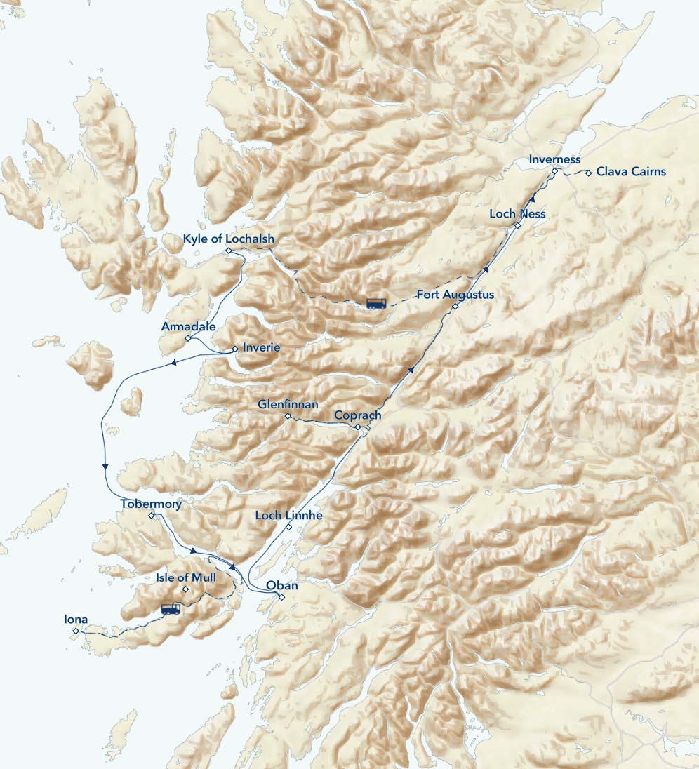 route map of eastbound small ship cruise scottlands highlands small ship cruise with stops shown in blue along the way