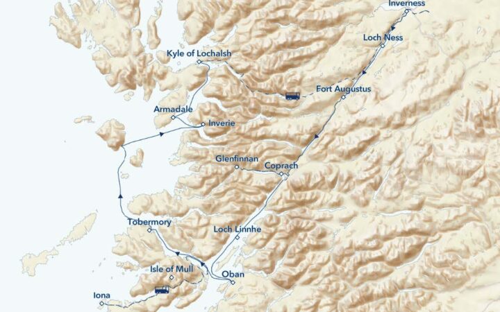 westbound route map of small ship cruise scottlands highlands small ship cruise with stops shown in blue along the way