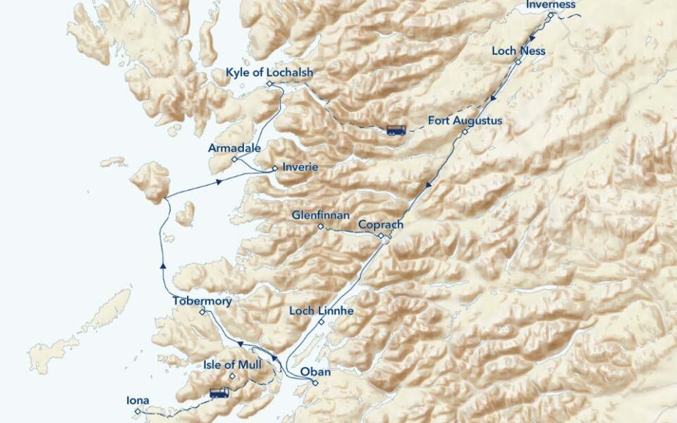 westbound route map of small ship cruise scottlands highlands small ship cruise with stops shown in blue along the way